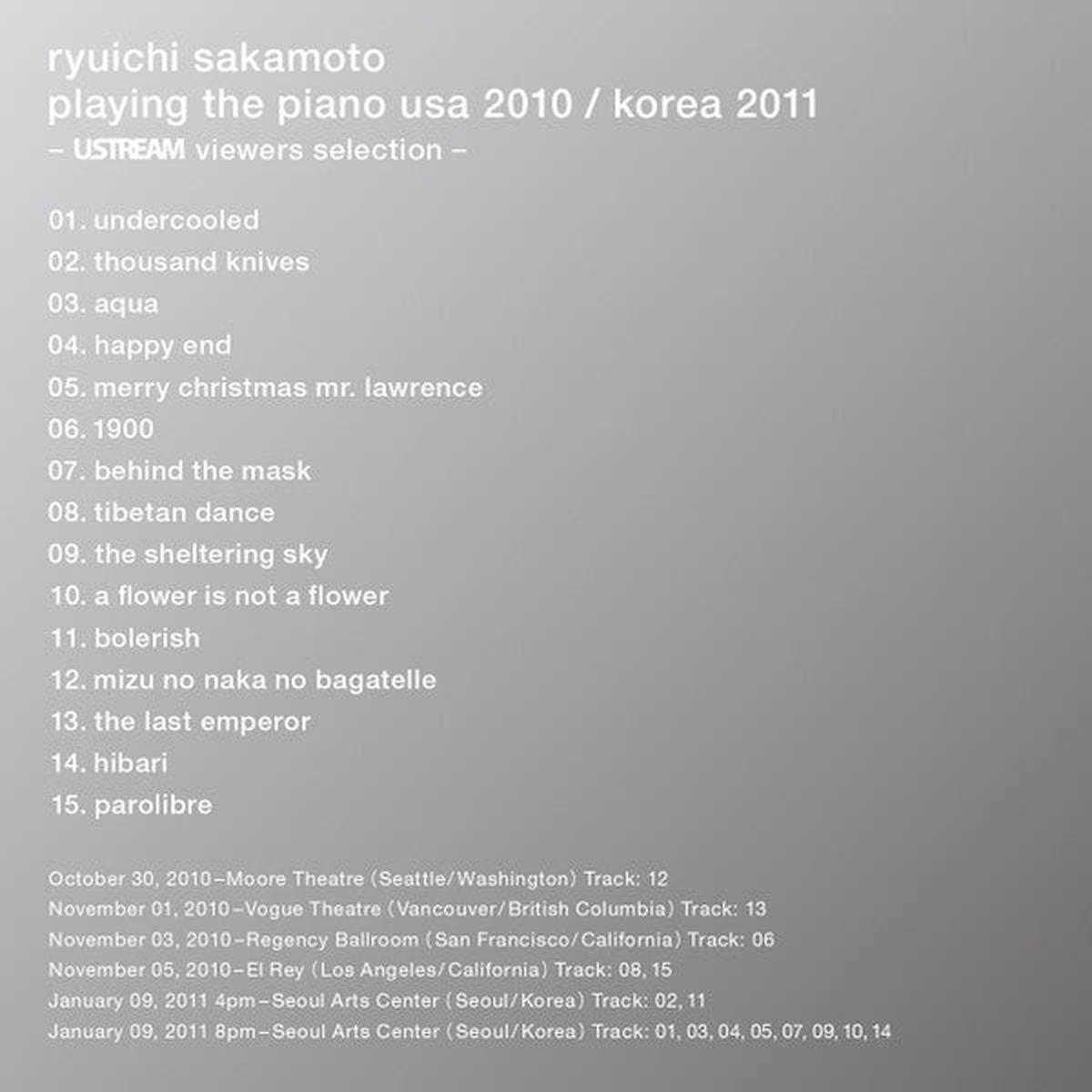 SAKAMOTO, RYUICHI – PLAYING THE PIANO USA 2010 / KOREA 2011 – CD