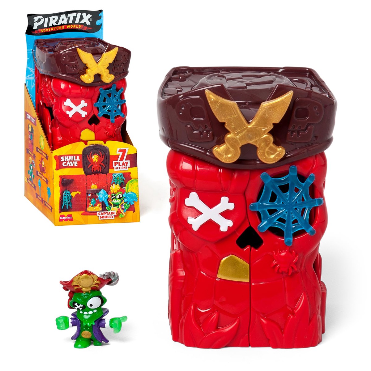 PIRATIX Secret Skull Cave – Secret Cave of Shark Island. Contains 1 Skull Cave, 1 exclusive Piratix, 2 crystal accessories (1 weapon and 1 sceptre), 1 spider and 1 exclusive treasure.