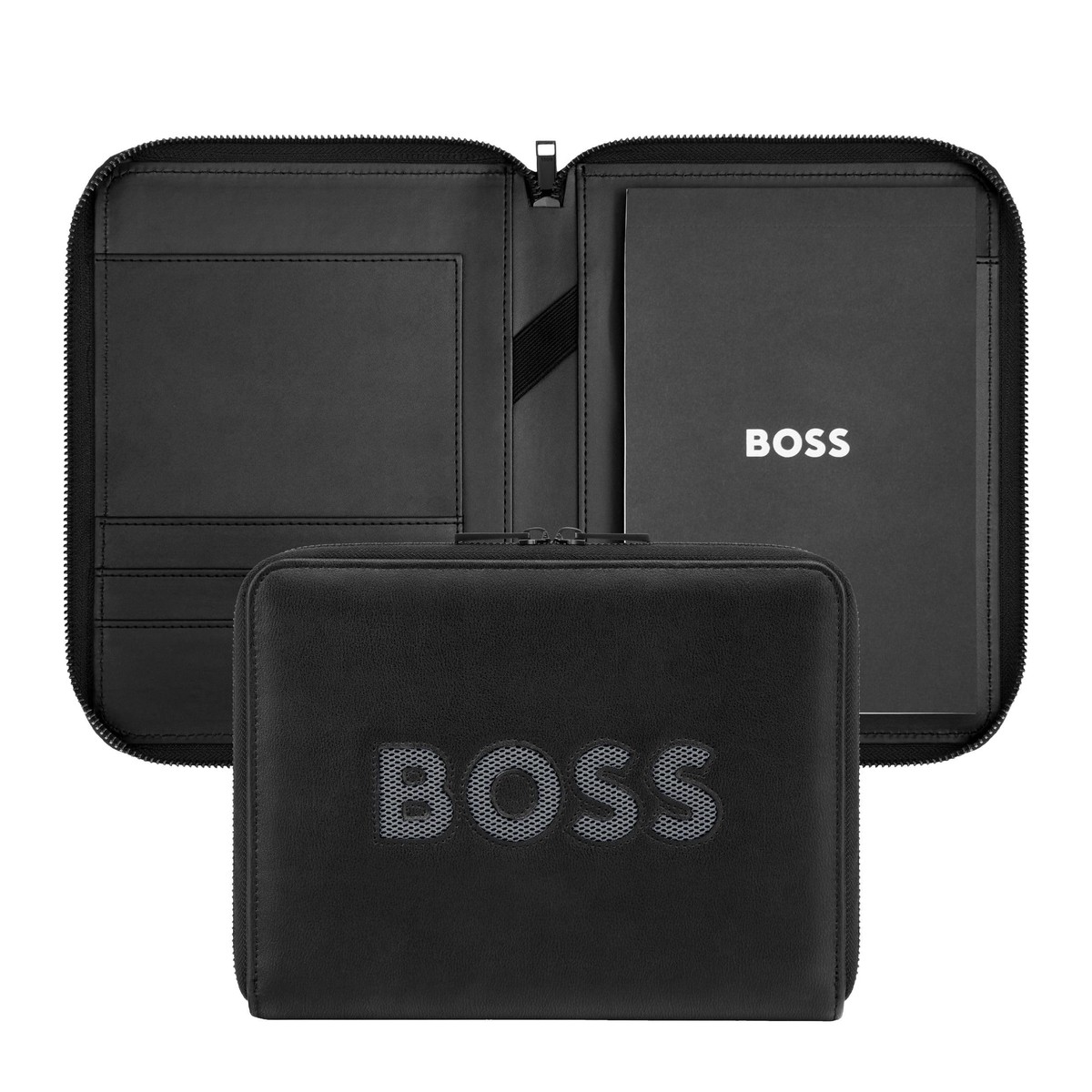 Hot Sale HUGO BOSS Writing Folder Boss Cut Out Conference Folder Zip Black & Grey