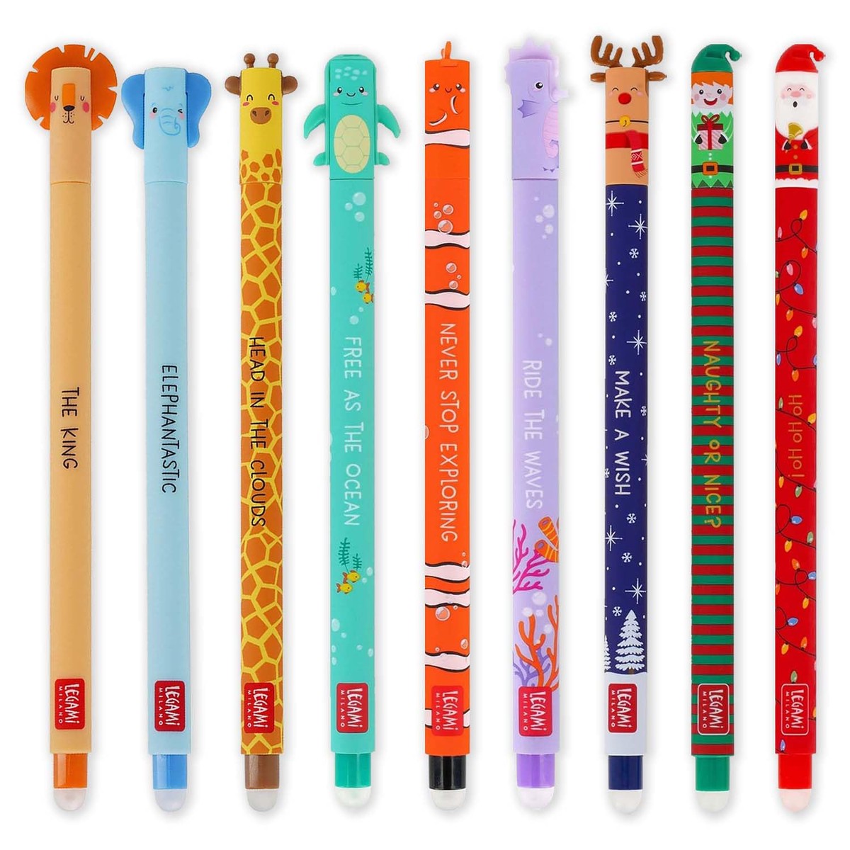 LEGAMI – Set of 9 Erasable Gel Pens with Thermosensitive Erase Ink, Range of ink colours & barrel designs, 0.7mm Tip, Savannah, Under the Sea, & Naughty or Nice