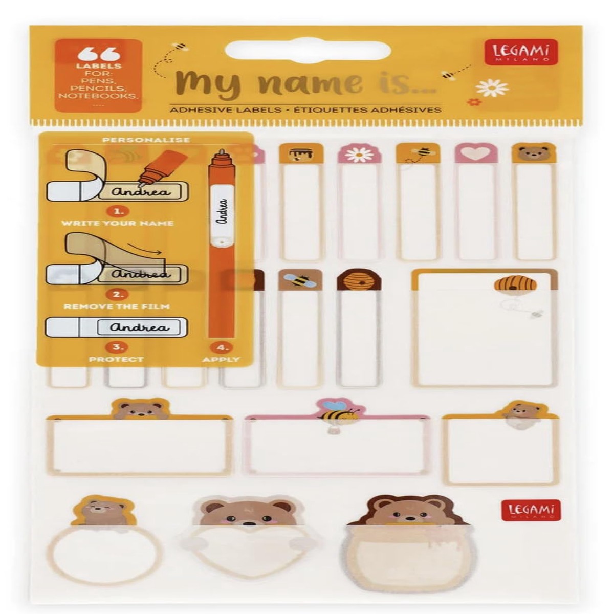 Legami 66 My Name Is Teddy Bear Sticky Labels – Personalised Name Labels with Protective Film, Self-Adhesive Labels for Pens and Notebooks, Customisable, Various Shapes (Teddy Bear