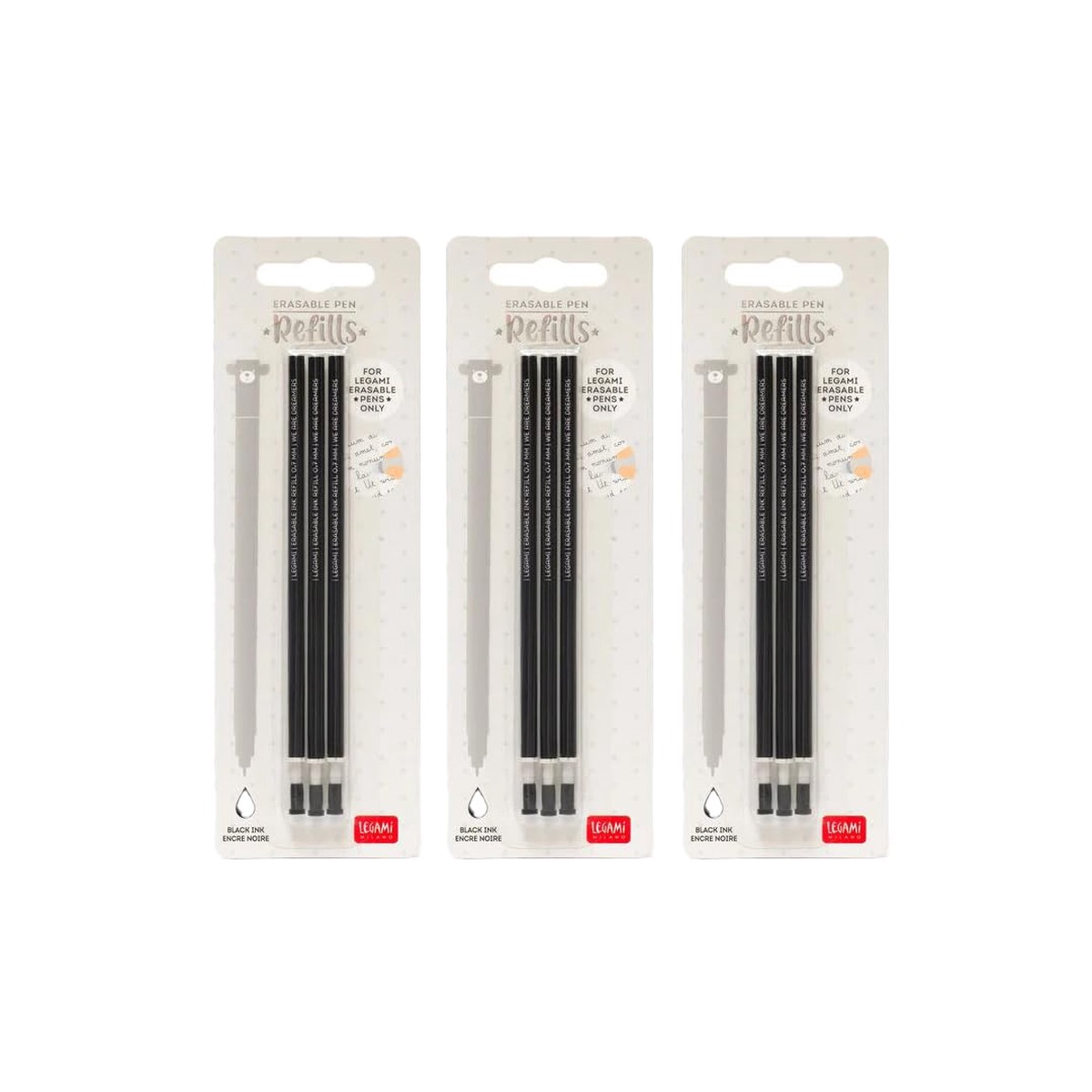Legami – Erasable Gel Pen Refill, Set of 9, Height 13 cm, Thermosensitive Ink, Black, Tip 0.7 mm (Set of 3)