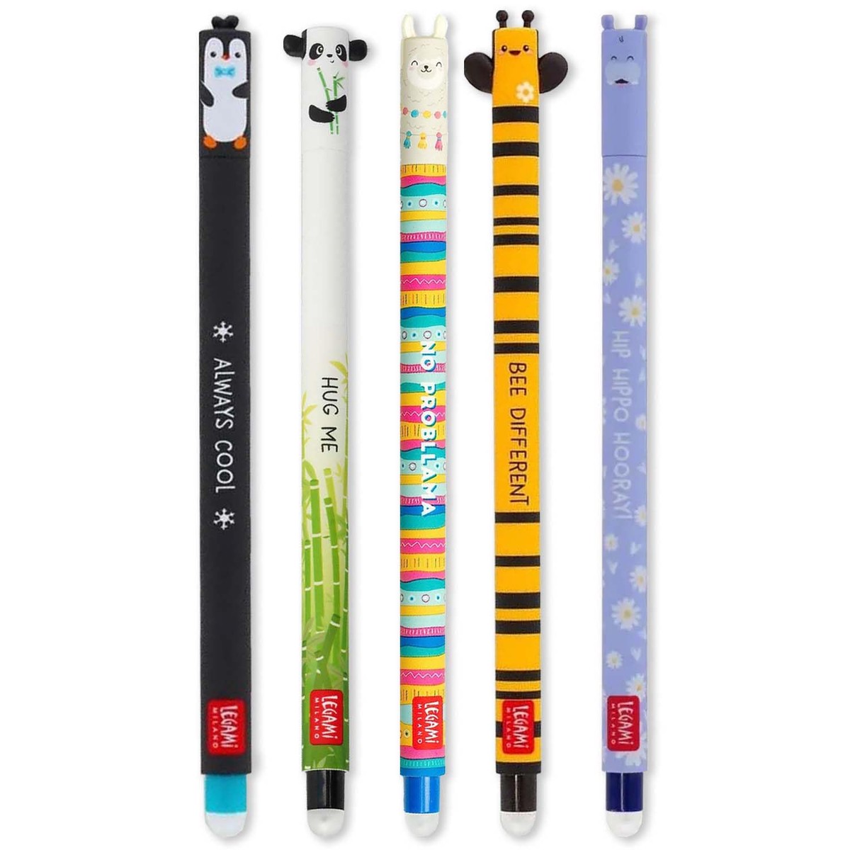 LEGAMI – Set of 5 Erasable Gel Pens with Thermosensitive Erase Ink, Range of ink colours & barrel designs, 0.7mm Tip, Penguin, Panda, Llama, Bee, & Hippo