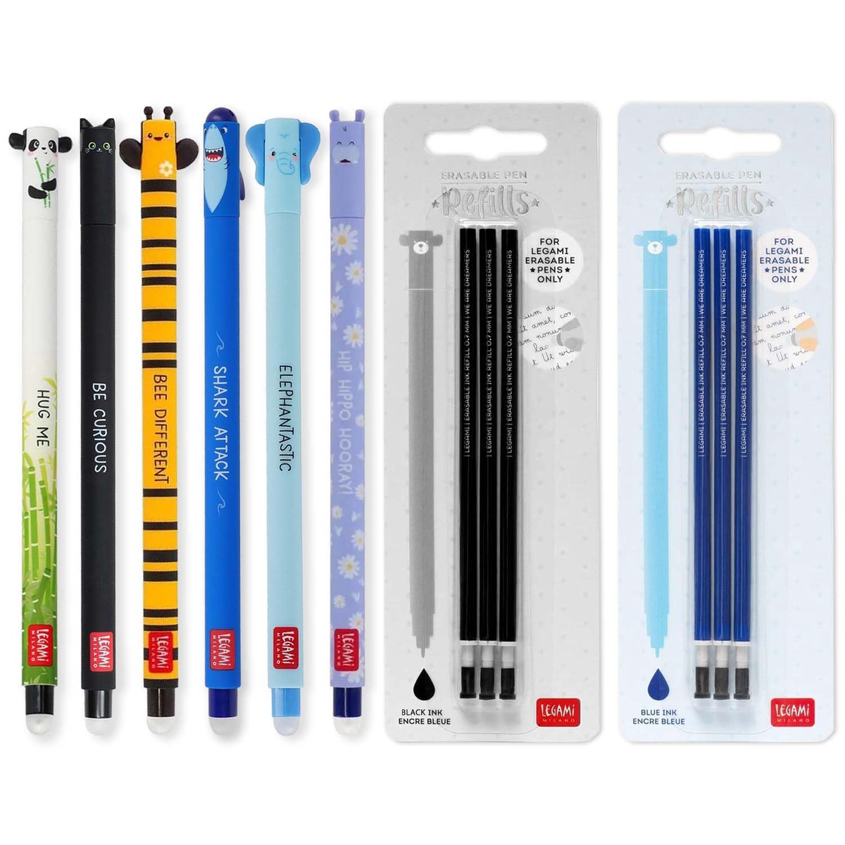LEGAMI – Set of 6 Erasable Gel Pens + 6 Refills, with Thermosensitive Erase Ink, Black & Blue Ink, 0.7mm Tip, Panda, Cat, Bee, Shark, Elephant, & Hippo Design