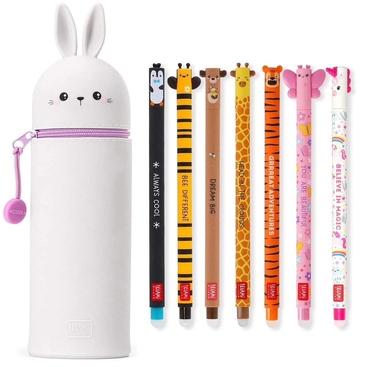 LEGAMI – Set of 7 Erasable Gel Pens + 2-in-1 Pencil Case Pen Pot – with Thermosensitive Erase Ink, Ink colours & barrel designs, 0.7mm Tip, Set 2 (Bunny