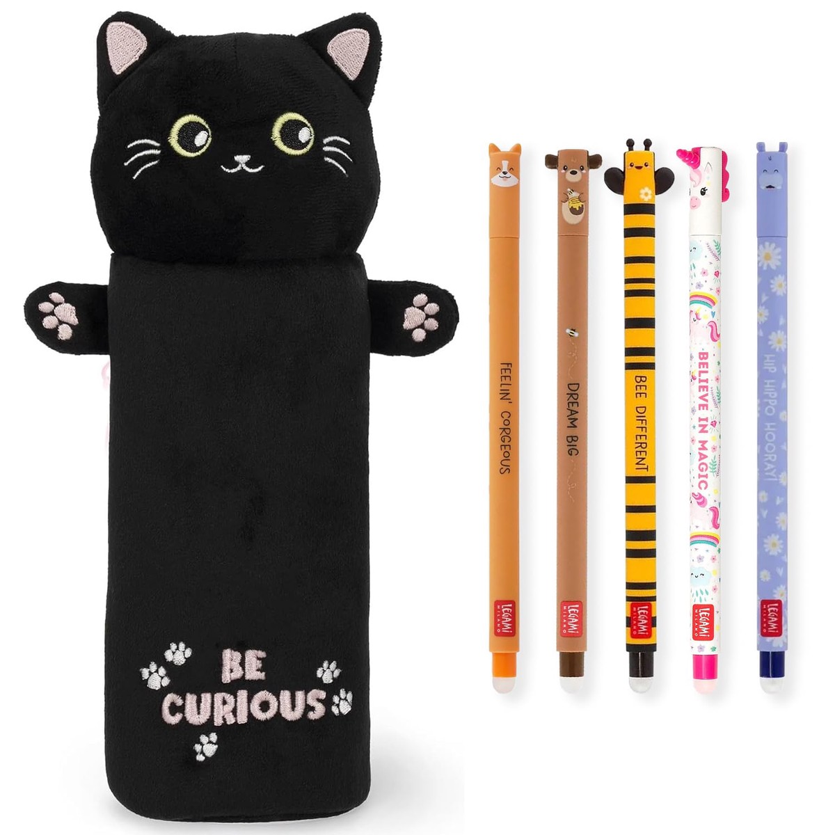 LEGAMI Super Soft Pencil Case & Erasable Gel Pens | Set of 5 Cute Animal Pens with Thermosensitive Ink + Plush Pencil Case | Back to School Supplies for Girls, Boys, Kids & Teens (Kitty