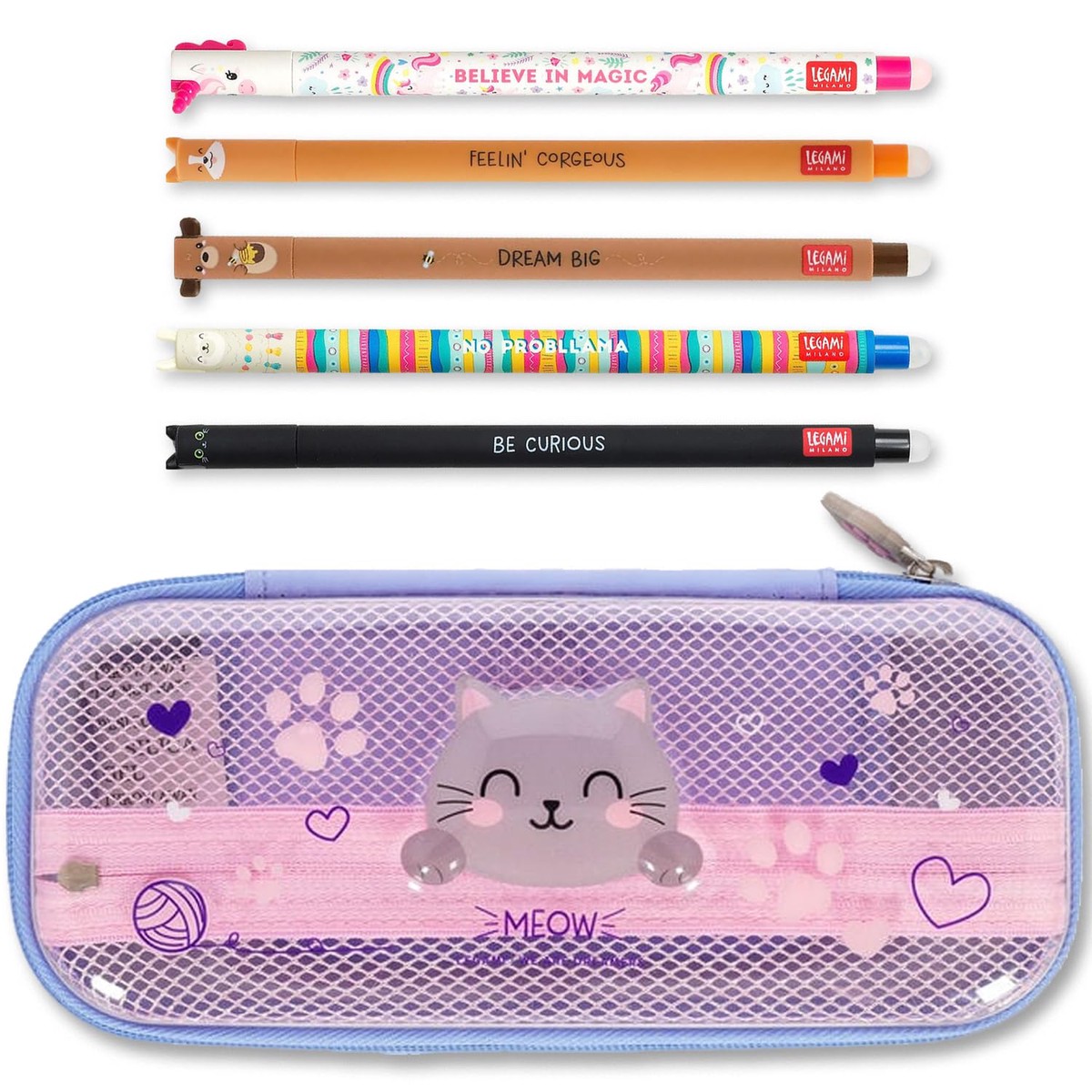 LEGAMI WonderWow Pencil Case & Erasable Pen | Set of 5 Cute Animal Pens with Thermosensitive Ink + 2-Compartment Pencil Case | Back to School Supplies for Girls, Boys, Kids# (Kitty