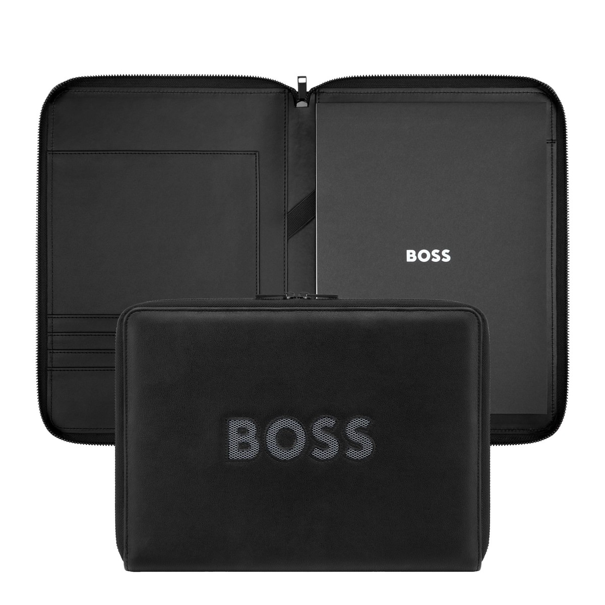 New Arrival HUGO BOSS Writing Folder Boss Cut Out Conference Folder Zip Black & Grey