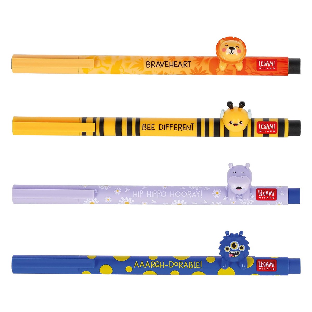 LEGAMI Gel Pen – Lovely Friends Decorative Animal Removable and Recombinable Prevents Rolling Fine 0.5mm Tip Set of 4 Bee, Lion, Hippo and Monster