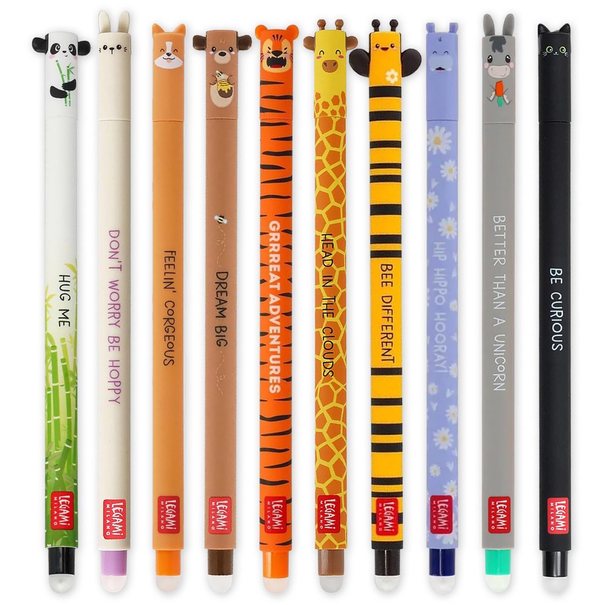 LEGAMI – Set of 10 Erasable Gel Pens with Thermosensitive Erase Ink, Range of ink colours & barrel designs, 0.7mm Tip, Animal Designs, Panda, Bunny, Donkey etc