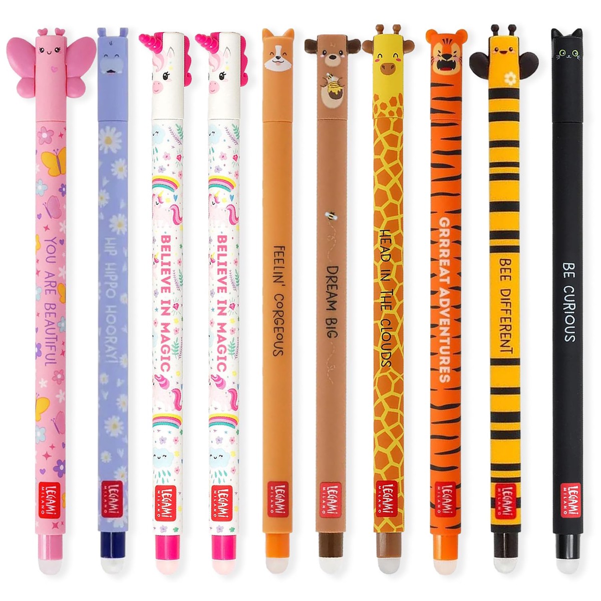 LEGAMI – Set of 10 Erasable Gel Pens with Thermosensitive Erase Ink, Range of ink colours & barrel designs, 0.7mm Tip, Animal Designs