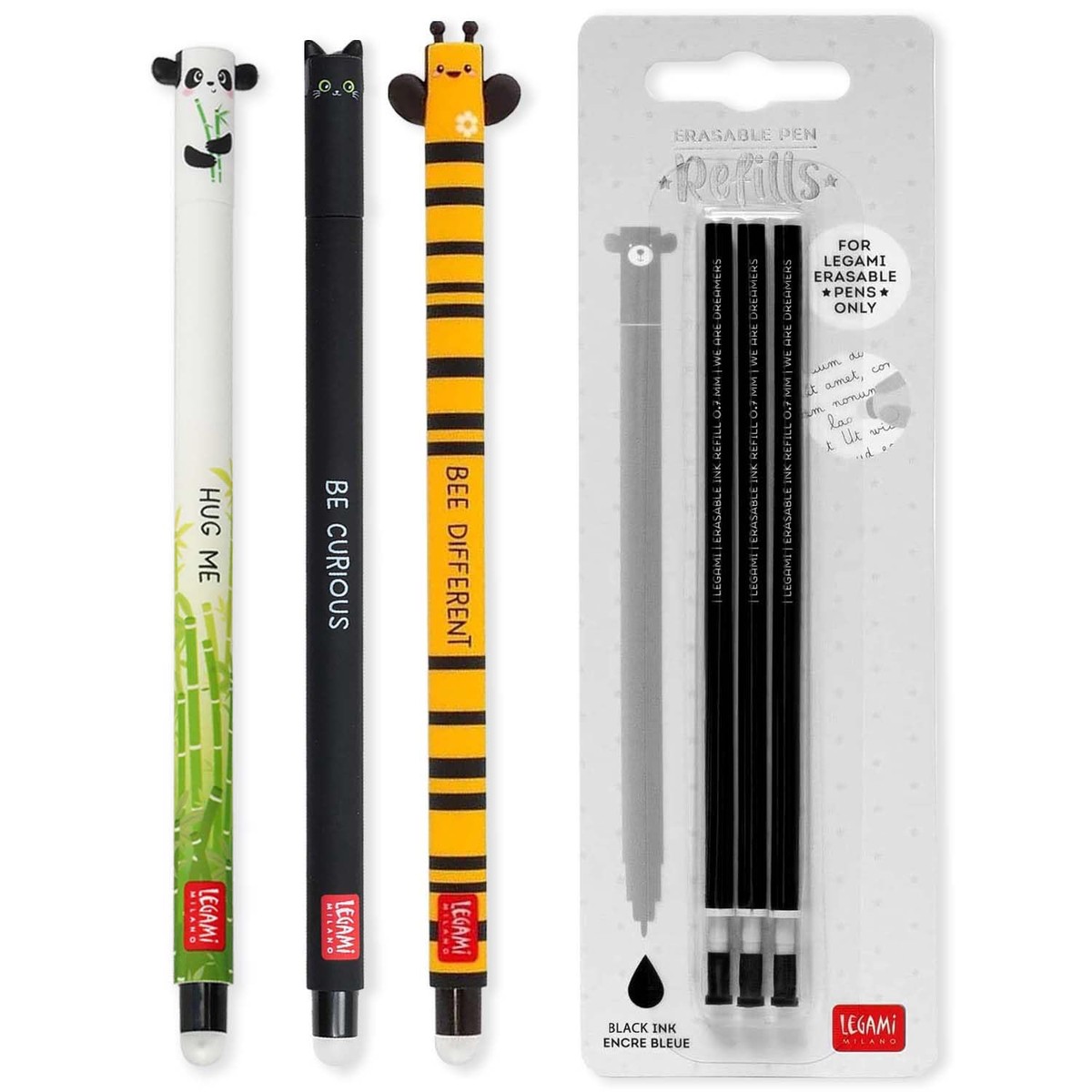 LEGAMI – Set of 3 Erasable Gel Pens + 3 Black Refills, with Thermosensitive Erase Ink, Range of ink colours & barrel designs, 0.7mm Tip, Panda, Cat, & Bee Design