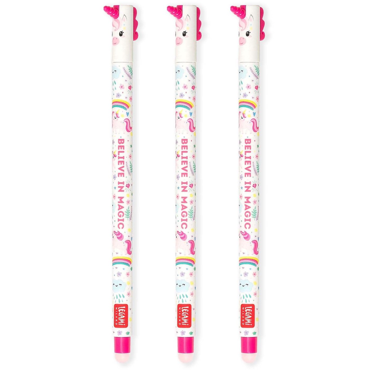 LEGAMI – Set of 3 Erasable Gel Pens with Thermosensitive Erase Ink, 0.7mm Tip, Unicorn Designs