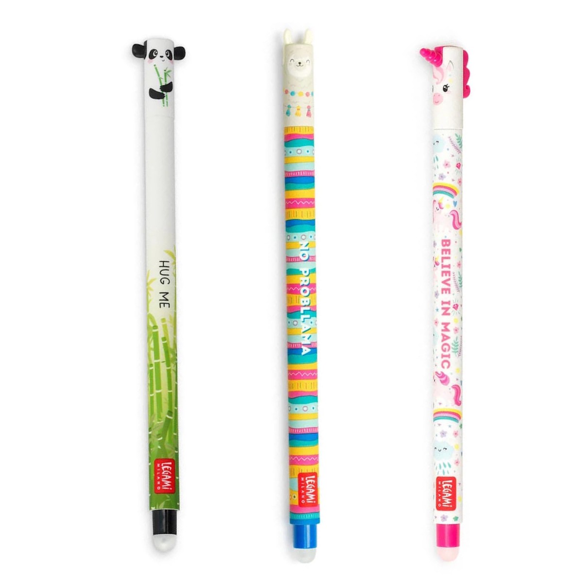 LEGAMI – Set of 3 Gel Eraser Pens, Adorable Pens with Erasable Ink, Unicorn, Panda and Llama Erasable without using leaf, 0.7 mm Tip