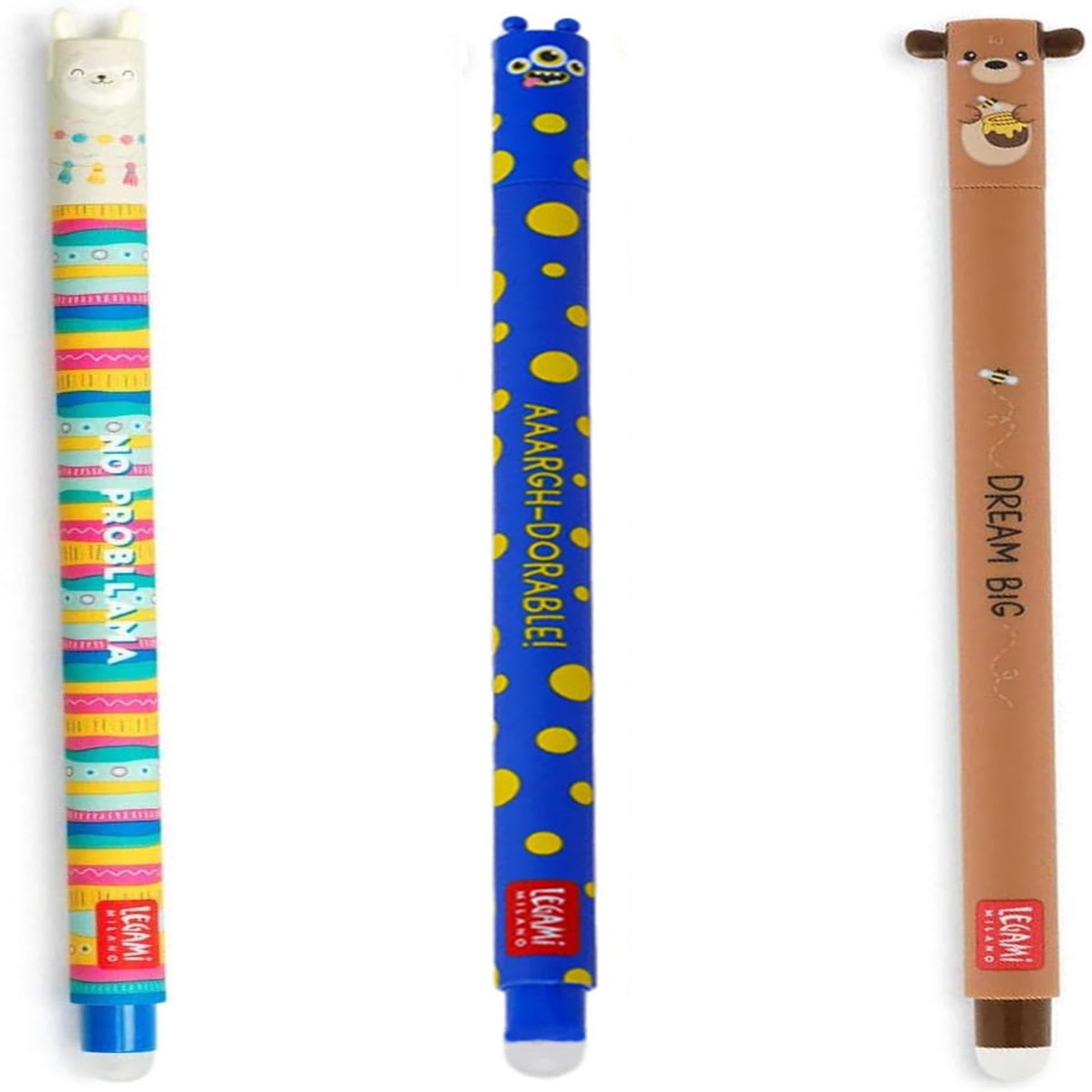 LEGAMI – Set of 3 gel eraser pens, teddy, llama and monster erasable without using leaf, 0.7 mm tip