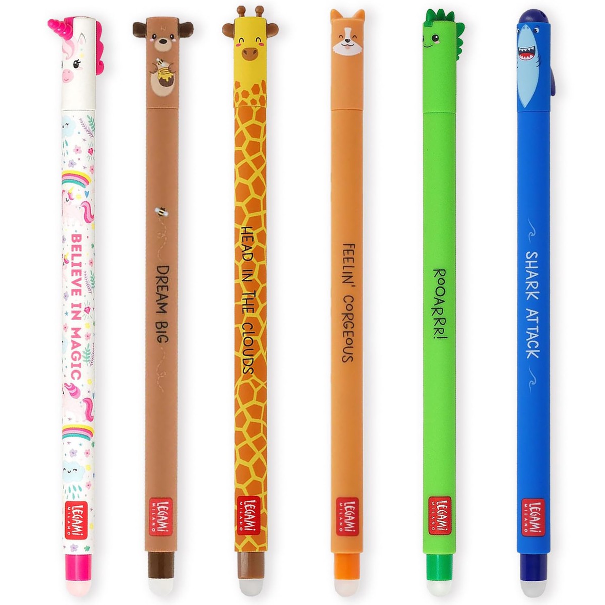LEGAMI – Set of 6 Erasable Gel Pens with Thermosensitive Erase Ink, Range of ink colours & barrel designs, 0.7mm Tip, Unicorn, Teddy Bear, Giraffe, Corgi, Dino, Shark Designs
