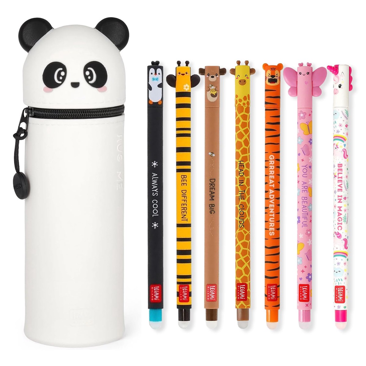 LEGAMI – Set of 7 Erasable Gel Pens + 2-in-1 Pencil Case Pen Pot – with Thermosensitive Erase Ink, Ink colours & barrel designs, 0.7mm Tip, Set 2 (Panda