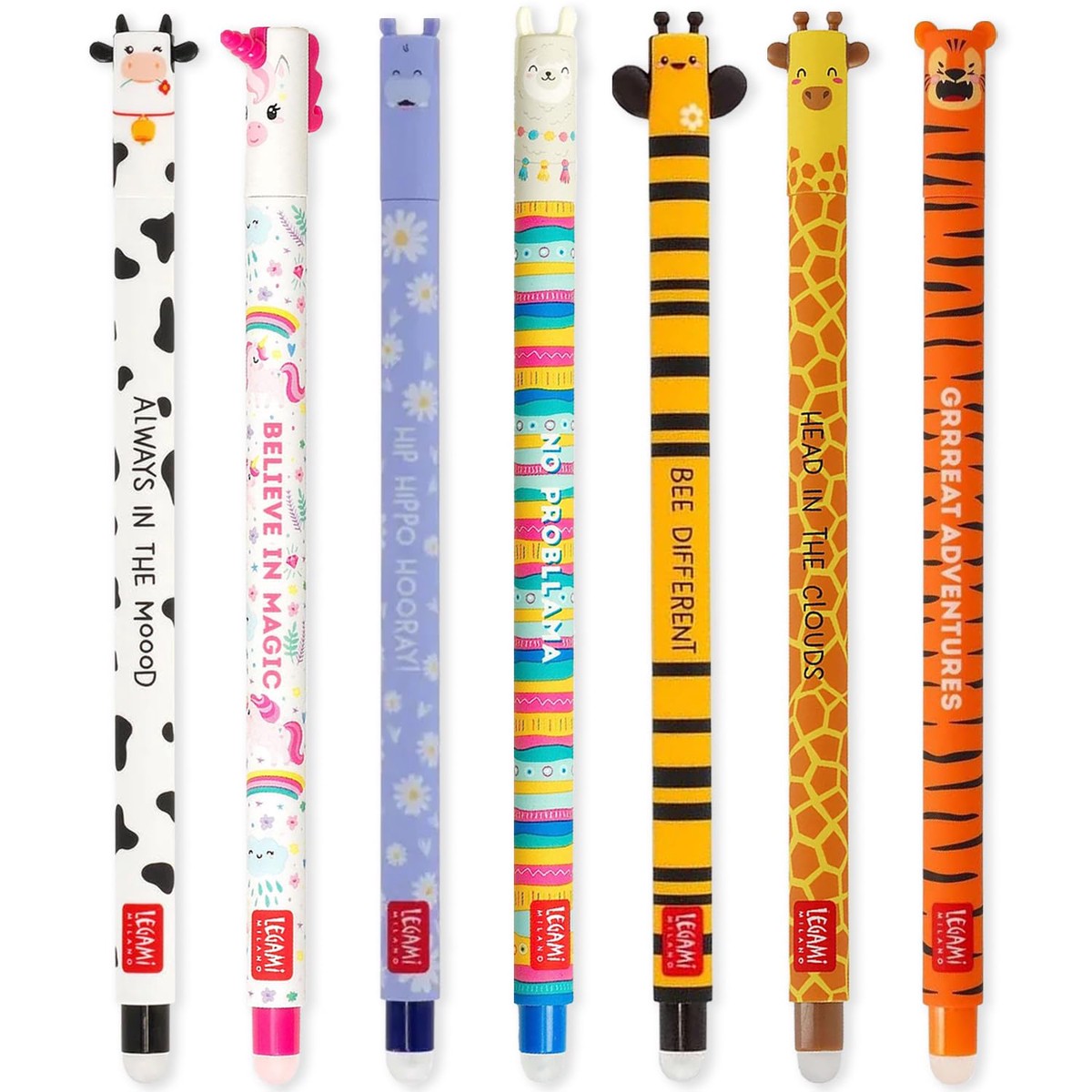 LEGAMI – Set of 7 Erasable Gel Pens with Thermosensitive Erase Ink, Range of ink colours & barrel designs, 0.7mm Tip, Cow, Unicorn, Hippo, Llama, Bee, Giraffe, Tiger Designs