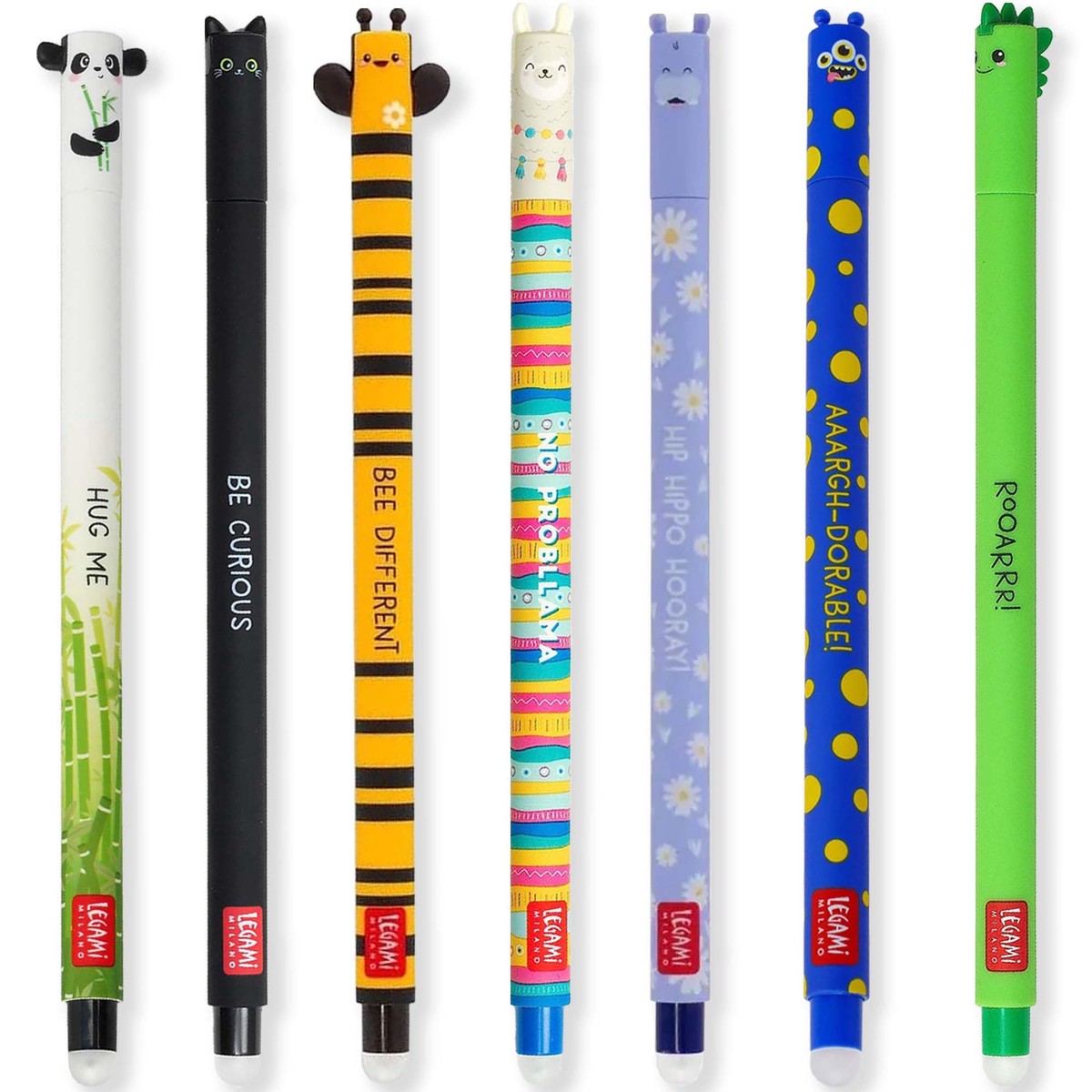 LEGAMI – Set of 7 Erasable Gel Pens with Thermosensitive Erase Ink, Range of ink colours & barrel designs, 0.7mm Tip, Panda, Cat, Bee, Llama, Monster, Hippo & Dino Designs