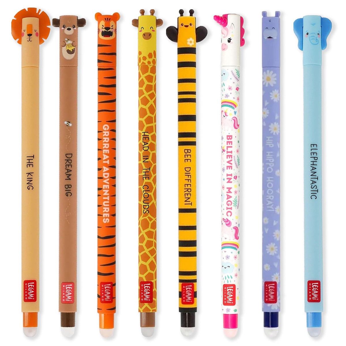 LEGAMI – Set of 8 Erasable Gel Pens with Thermosensitive Erase Ink, Range of ink colours & barrel designs, 0.7mm Tip, Lion, Teddy, Tiger, Giraffe, Bee, Unicorn, Hippo, Elephant Designs