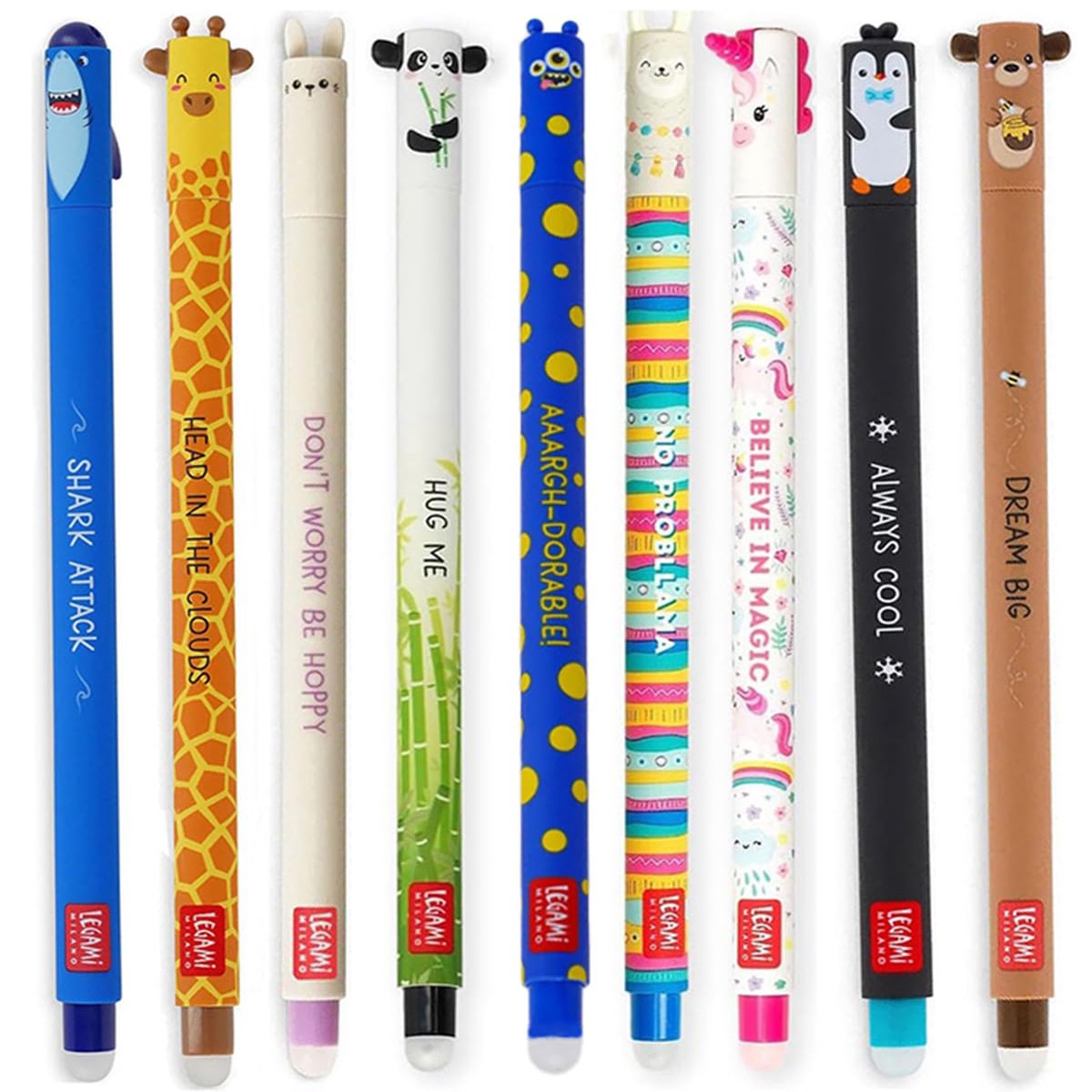 LEGAMI Set of 9 erasable gel pens with new monster pen set with shark, giraffe, bunny, panda, llama, unicorn, penguin, teddy and monster