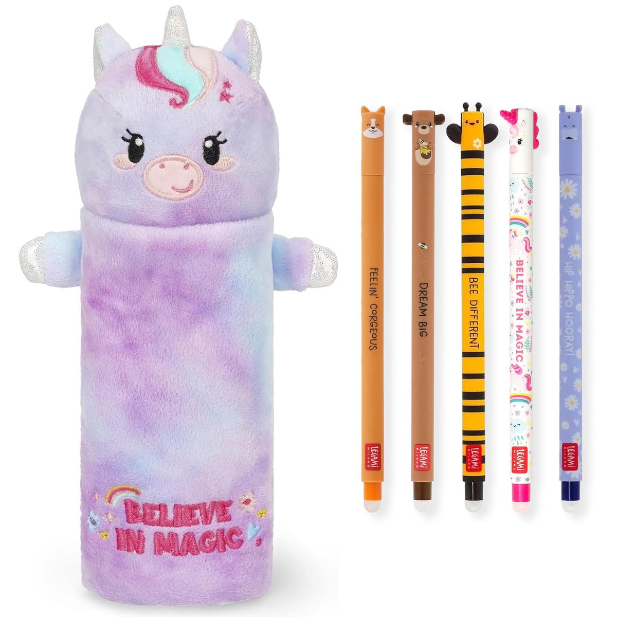 LEGAMI Super Soft Pencil Case & Erasable Gel Pens | Set of 5 Cute Animal Pens with Thermosensitive Ink + Plush Pencil Case | Back to School Supplies for Girls, Boys, Kids & Teens (Unicorn