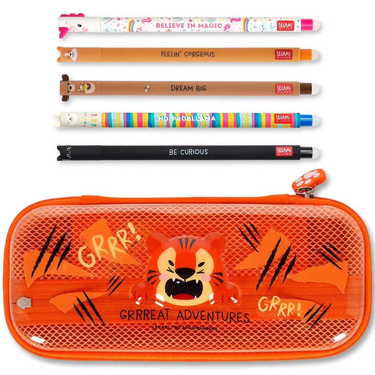 LEGAMI WonderWow Pencil Case & Erasable Pen | Set of 5 Cute Animal Pens with Thermosensitive Ink + 2-Compartment Pencil Case | Back to School Supplies for Girls, Boys, Kids# (Tiger