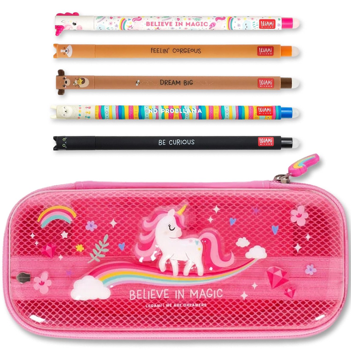 LEGAMI WonderWow Pencil Case & Erasable Pen | Set of 5 Cute Animal Pens with Thermosensitive Ink + 2-Compartment Pencil Case | Back to School Supplies for Girls, Boys, Kids# (Unicorn
