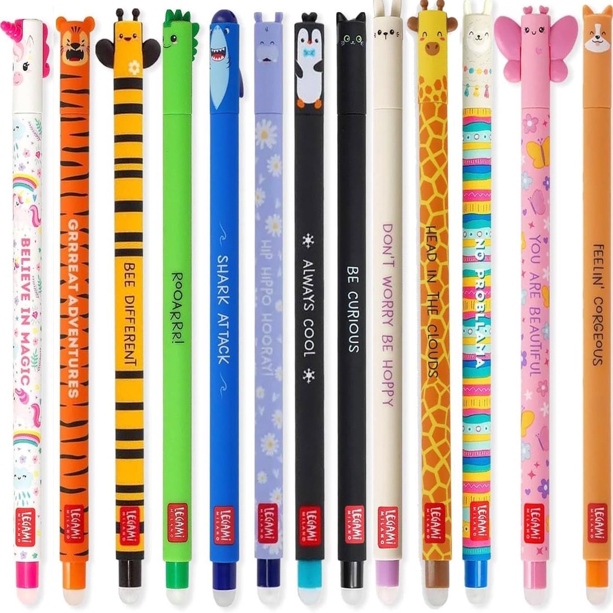 Hot Sale Legami Set of 13 Erasable Gel Pens with Thermosensitive Eraser Ink, Various Ink Colors and Shaft Designs, 0.7 mm Tip, Animal Motifs