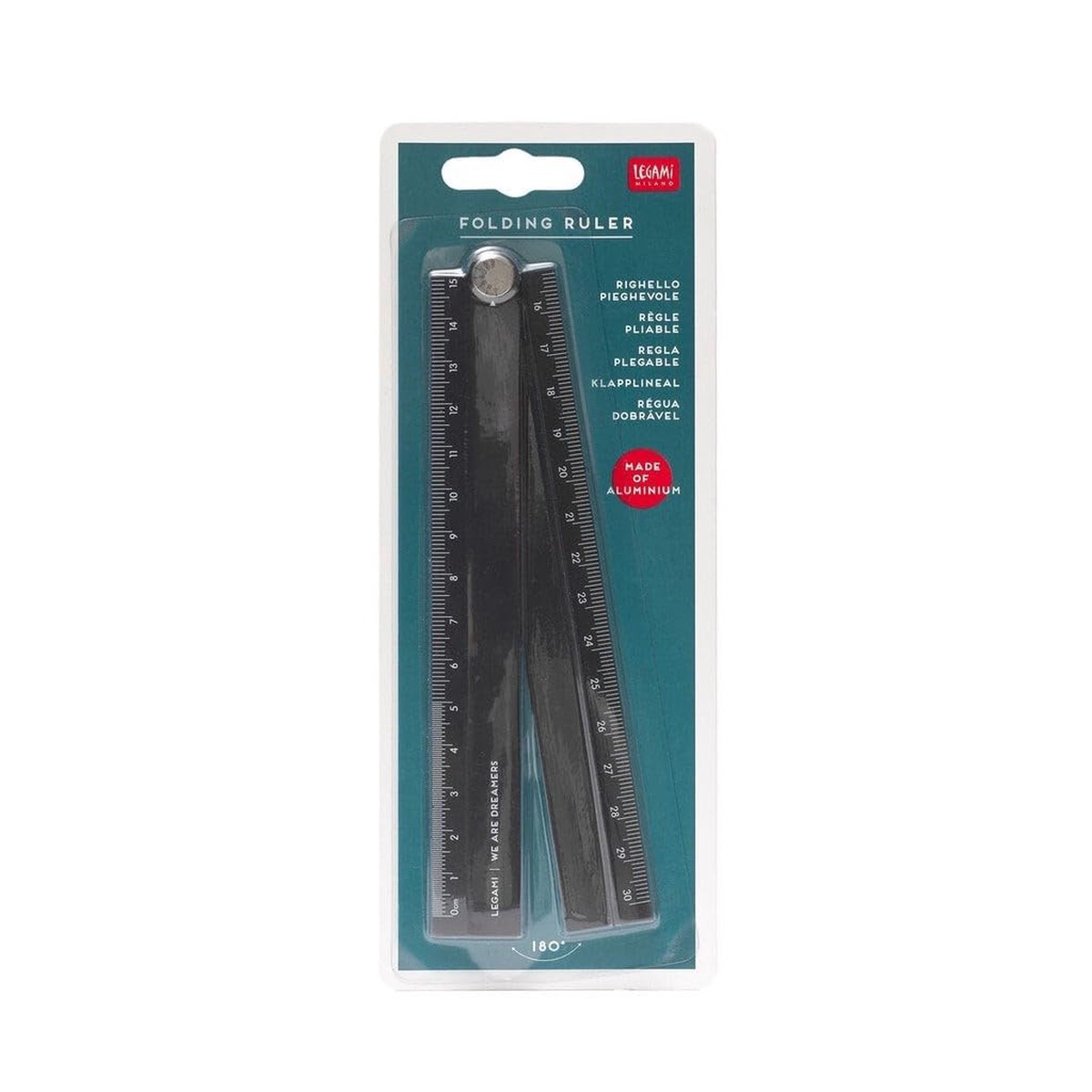 Legami – Folding Aluminium Ruler, Double Purpose: Measurement in Centimeters (30 cm) and in Degrees (180 )
