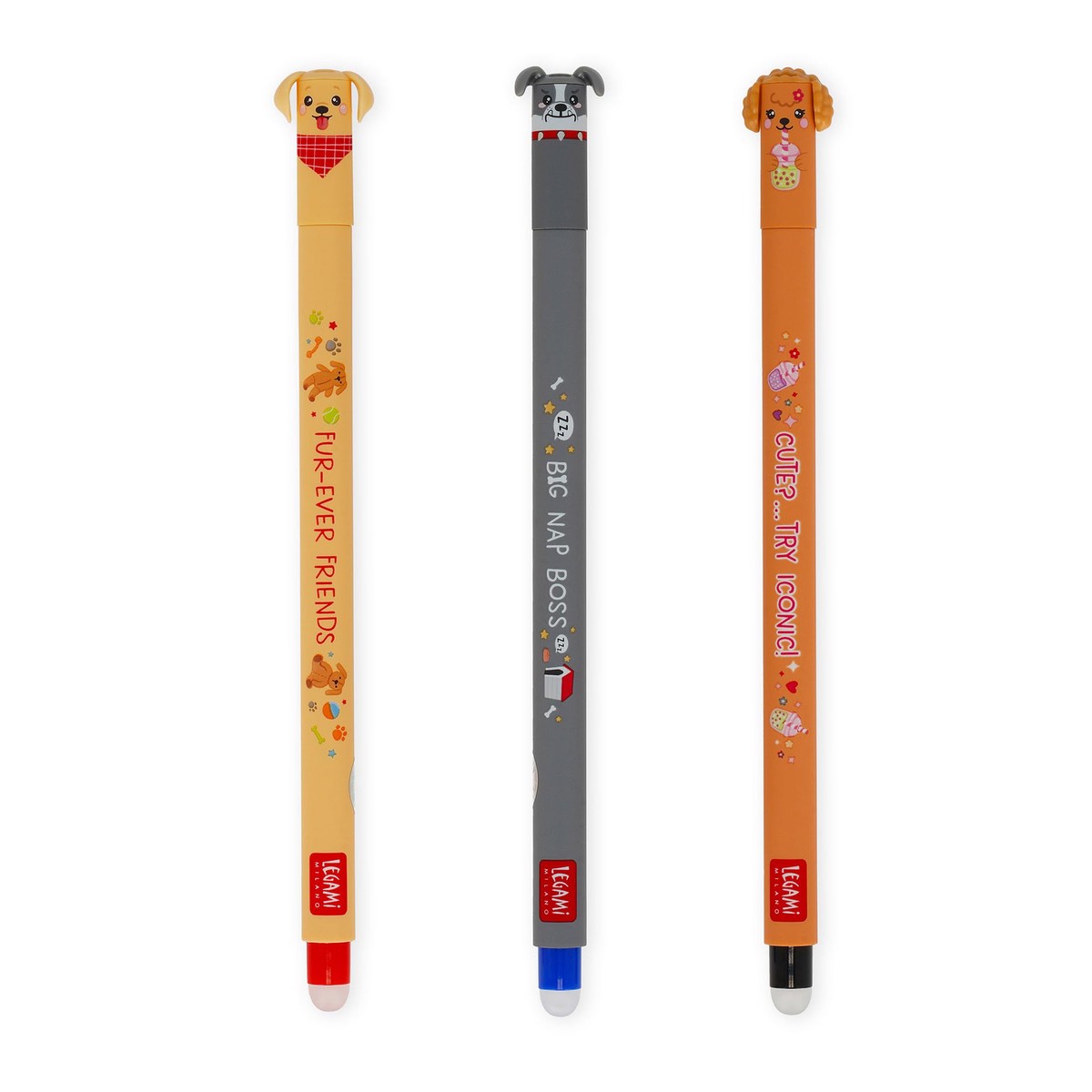 Legami – Set of 3 Fur-ever Friends Erasable Gel Pens, Pens with Thermosensitive Erasable Ink, Black, Blue, Red, Erases Without Consuming the Sheet, 0.7 mm Tip