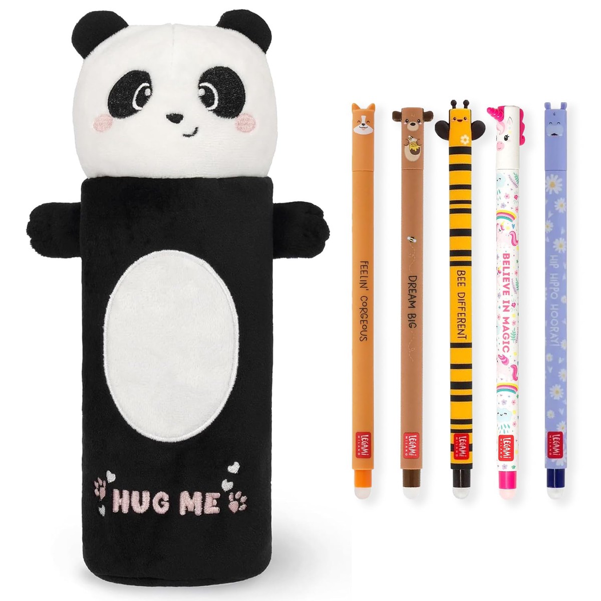 LEGAMI Super Soft Pencil Case & Erasable Gel Pens | Set of 5 Cute Animal Pens with Thermosensitive Ink + Plush Pencil Case | Back to School Supplies for Girls, Boys, Kids & Teens (Panda