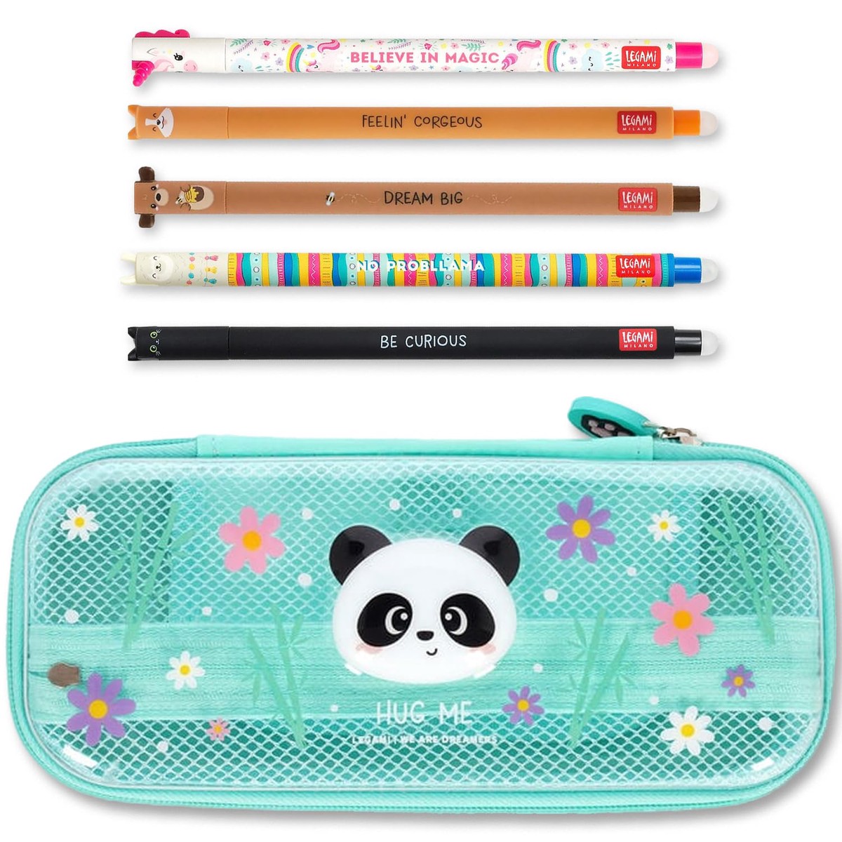 LEGAMI WonderWow Pencil Case & Erasable Pen | Set of 5 Cute Animal Pens with Thermosensitive Ink + 2-Compartment Pencil Case | Back to School Supplies for Girls, Boys, Kids# (Panda
