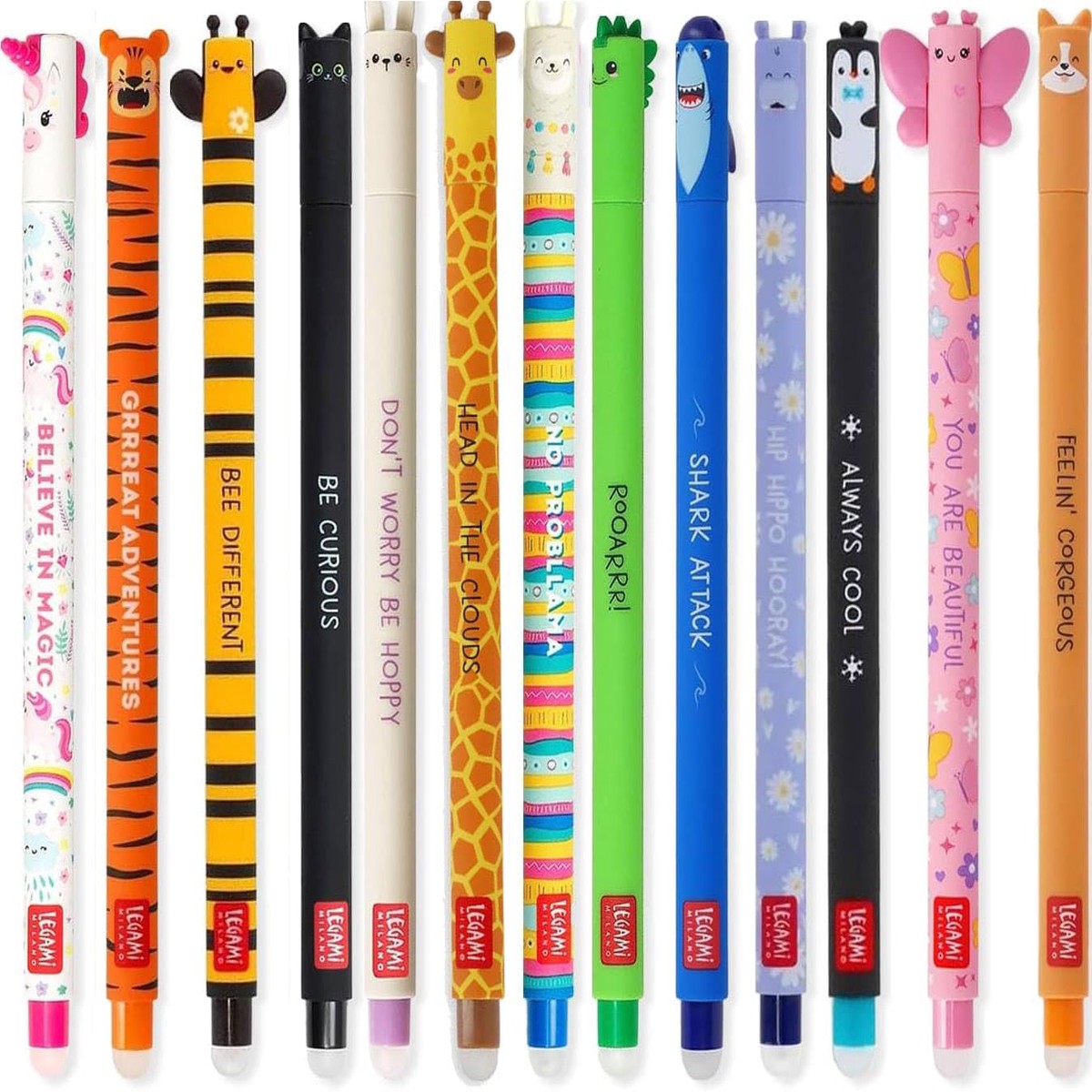 New Arrival Legami Set of 13 Erasable Gel Pens with Thermosensitive Eraser Ink, Various Ink Colors and Shaft Designs, 0.7 mm Tip, Animal Motifs