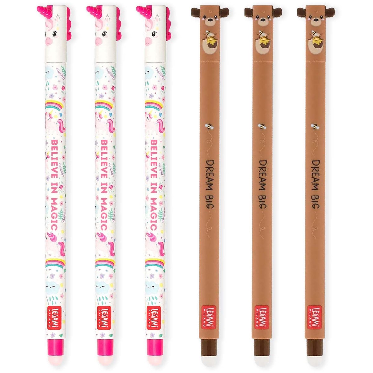 LEGAMI – Set of 6 Erasable Gel Pens with Thermosensitive Erase Ink, Range of ink colours & barrel designs, 0.7mm Tip, Unicorn, Teddy Bear Designs