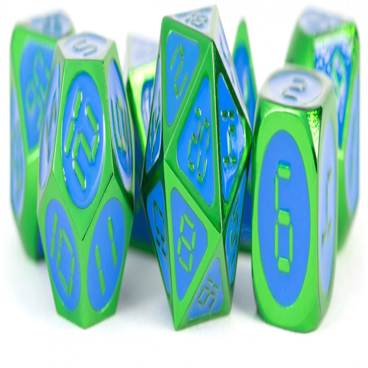 FanRoll by Metallic Dice Games 16mm Metal Polyhedral DND Dice Set: Green w/ Blue Enamel, Role Playing Game Dice for Dungeons and Dragons