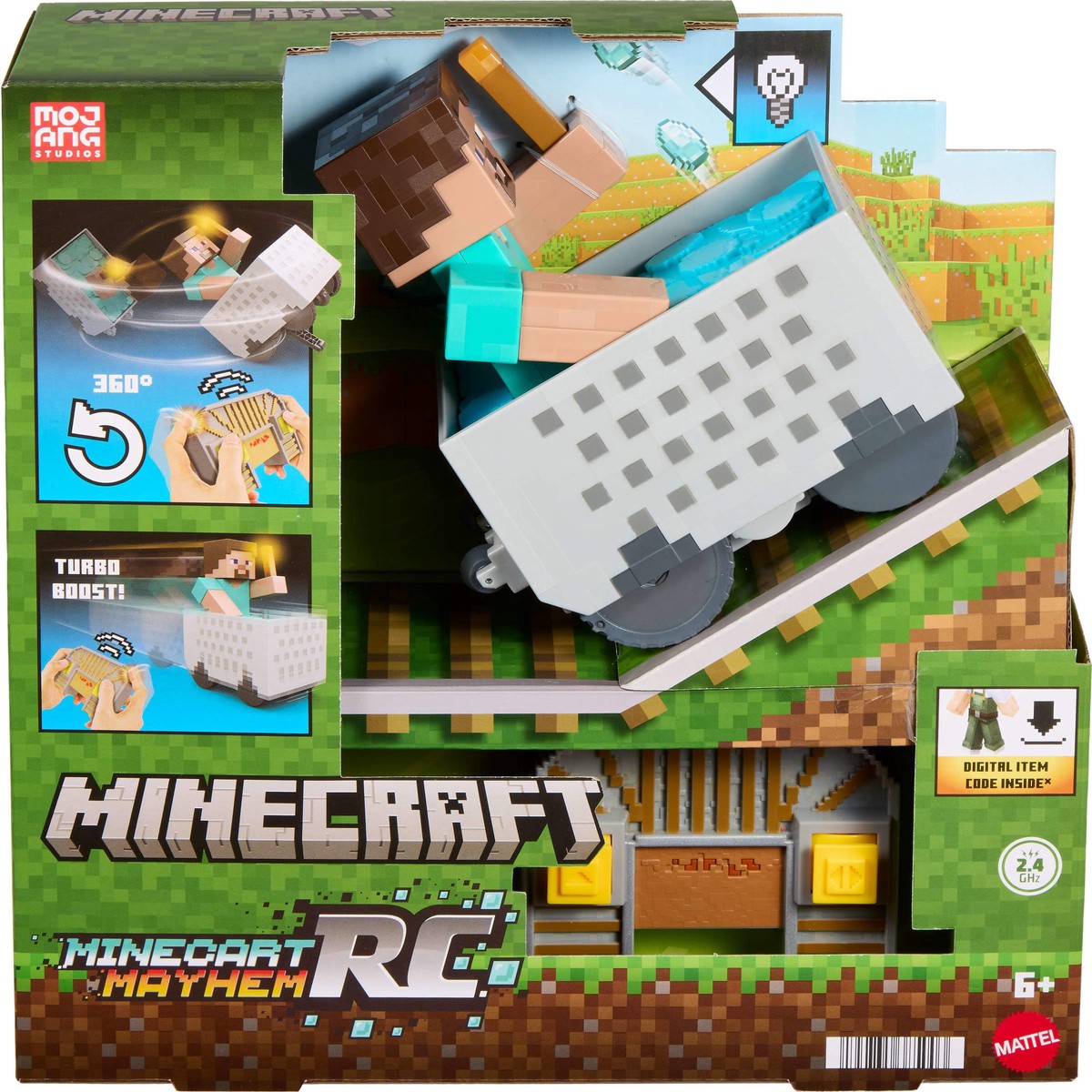 Mattel Minecraft Minecart RC with Steve, Remove Control with Wheelie Stunt, Turbo Boost & Light-Up Torch, Digital Item Code & Pixelated Design