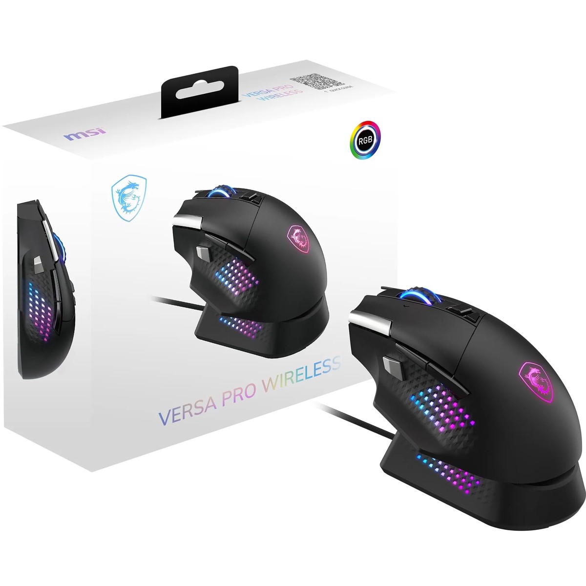 MSI VERSA PRO WIRELESS Gaming Mouse – 26000 DPI Optical Sensor, 1000Hz polling rate, Right-Handed, 70M+ Click OMRON Optical Switches, 13 Buttons, 80-Hour Battery, 1ms Latency, 97g – Wired/