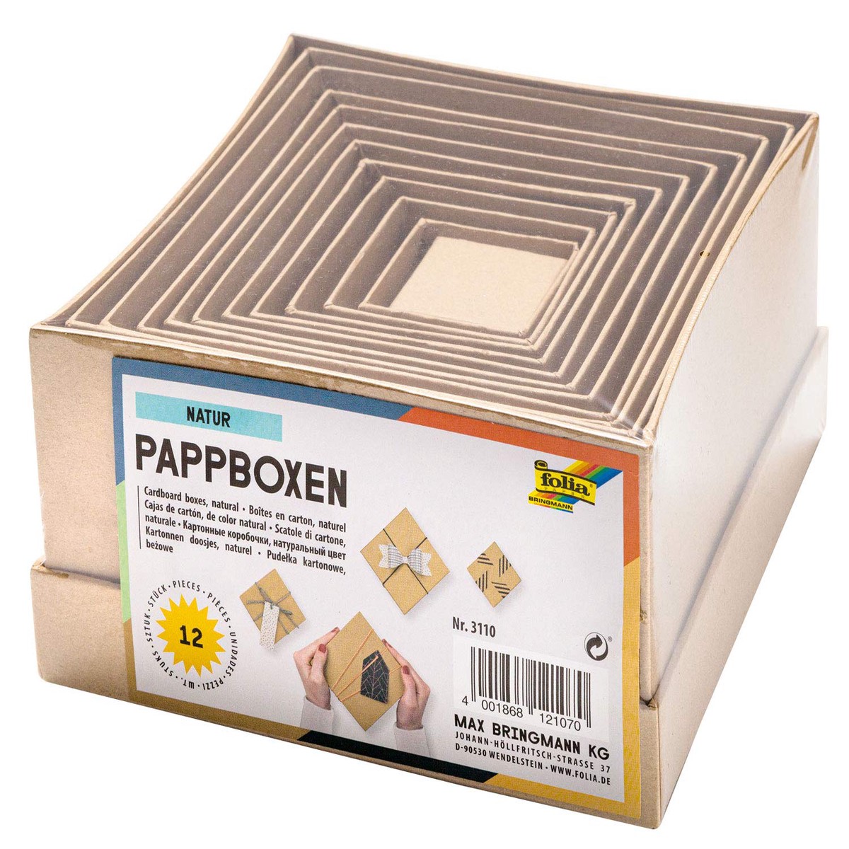 Folia 3110 Cardboard Boxes in Natural, Pack of 12, in Different Sizes, Beautiful Gift Packaging for Individual Decoration and Design, Ideal for Any Occasion