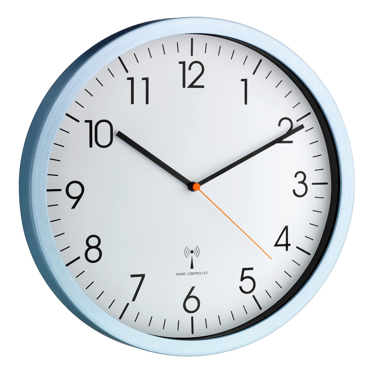 TFA Dostmann 60.3517.55 Analogue Radio Controlled Wall Aluminium Frame, Low Noise, Easy to Read, Ideal Office Clock, Light Blue, Glass, lightblue, L 305 x B 45 x H 305 mm