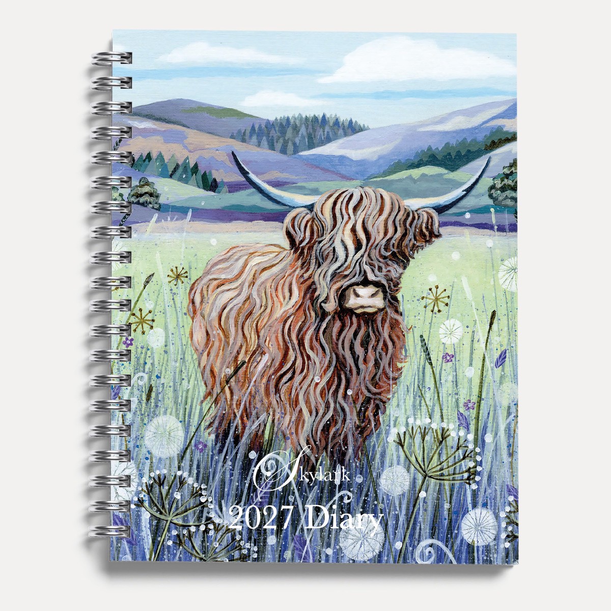 Skylark – Highland Cow 2027 A5 Spiral Diary, Week to View Planner – Hardcover With Elastic Closure, Ribbon Marker – 160mm x 196mm – By Red Robin Publishing