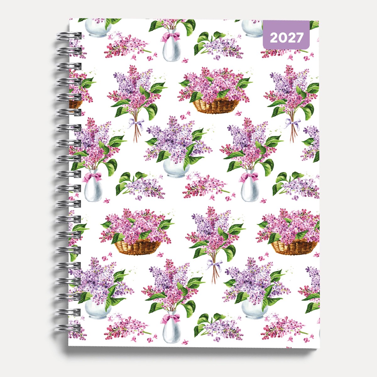 Lilac Flowers 2027 A5 Spiral Diary, Week to View Planner – Hardcover With Elastic Closure, Ribbon Marker – 160mm x 196mm – By Red Robin Publishing