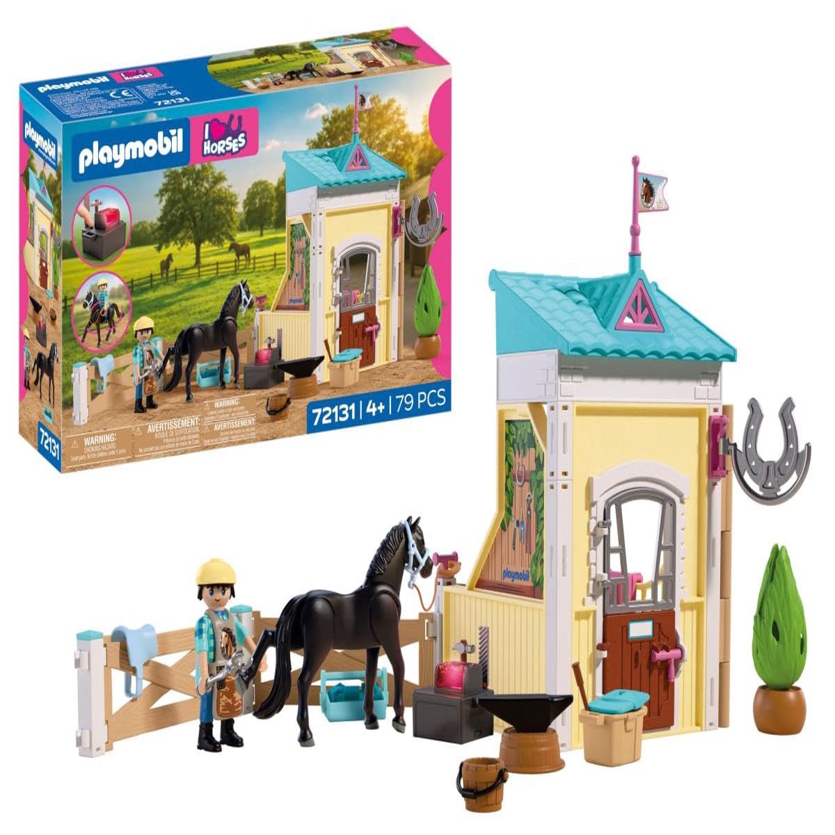 PLAYMOBIL I Love Horses 72131 Kleine hok met hoefsmeden, paardenbox met licht, gereedschap en paardenverzorgingsaccessoires, voor kinderen vanaf 4 jaar