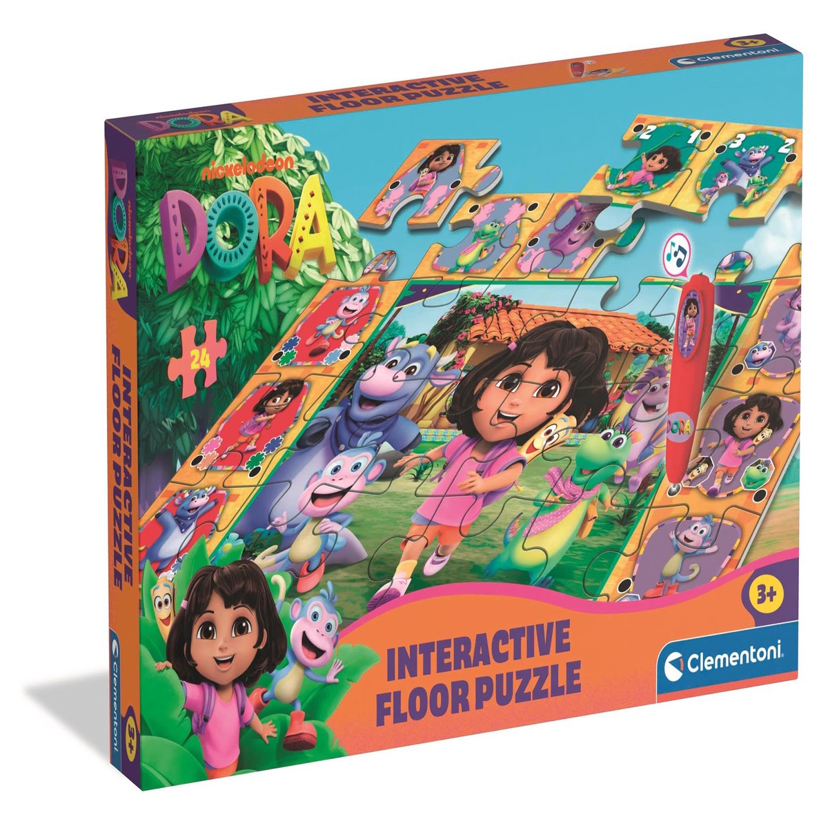Clementoni Quiz-Vloerpuzzel, Dora, interactieve puzzel met pen, educatief spel voor kinderen vanaf 3 jaar, 24 delen, 62 x 42 cm, 16686