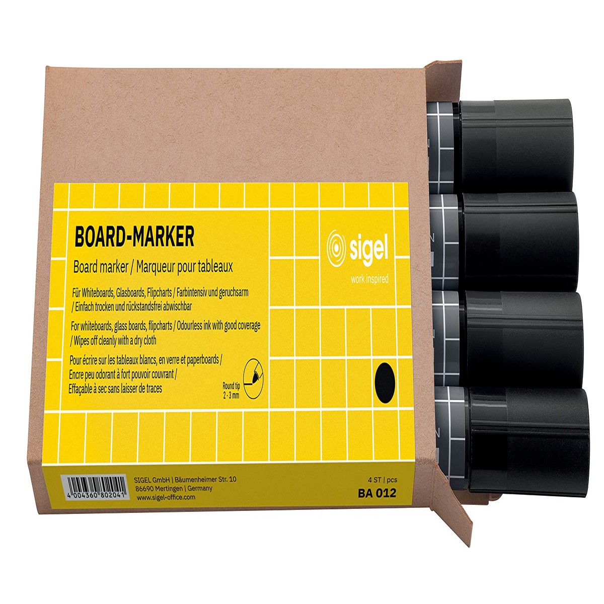 SIGEL BA012 Set of 4 Glass / WhiteBoard markers, erasable, “cap off” ink, 2-3 mm bullet tips, Black