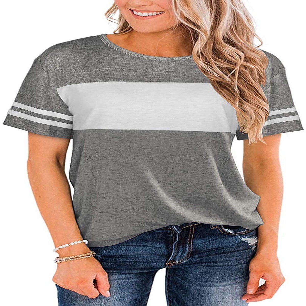 Womens Tshirts Short Sleeve Summer Tops Color Block Side Split Shirts