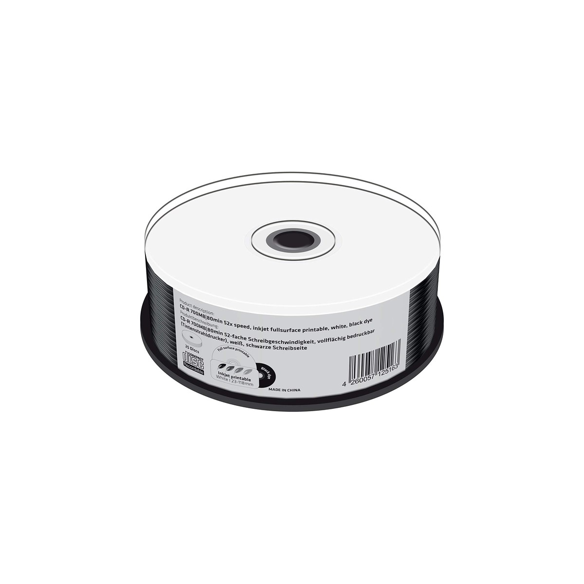 MediaRange CD-R imprimable, surface noire, 52x, 25 pices en cake box
