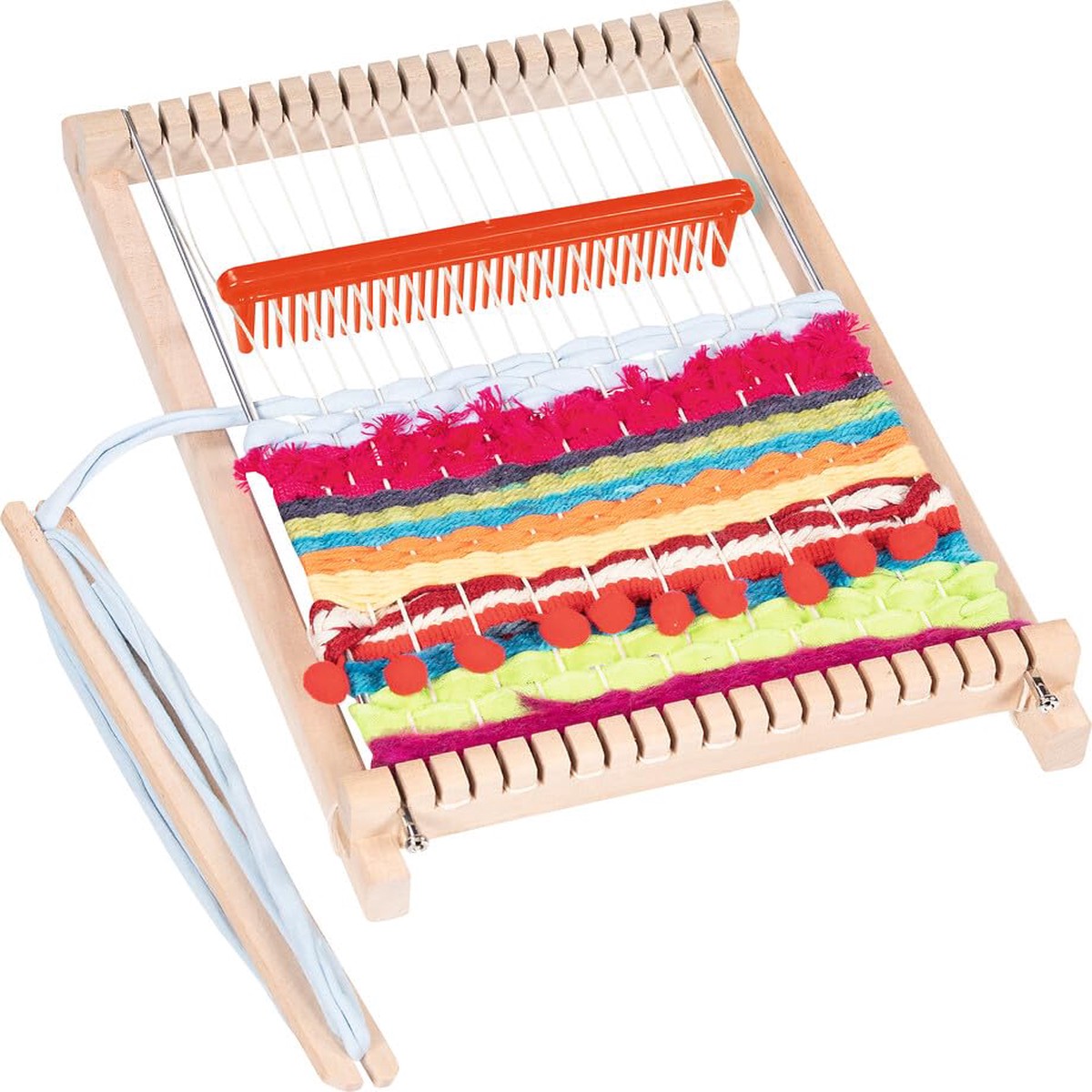 goki 58287 Weefset van weefgetouw, 17 cm, met onbespannen houten weefgetouwframe, weefschip, weefkam en spanstang