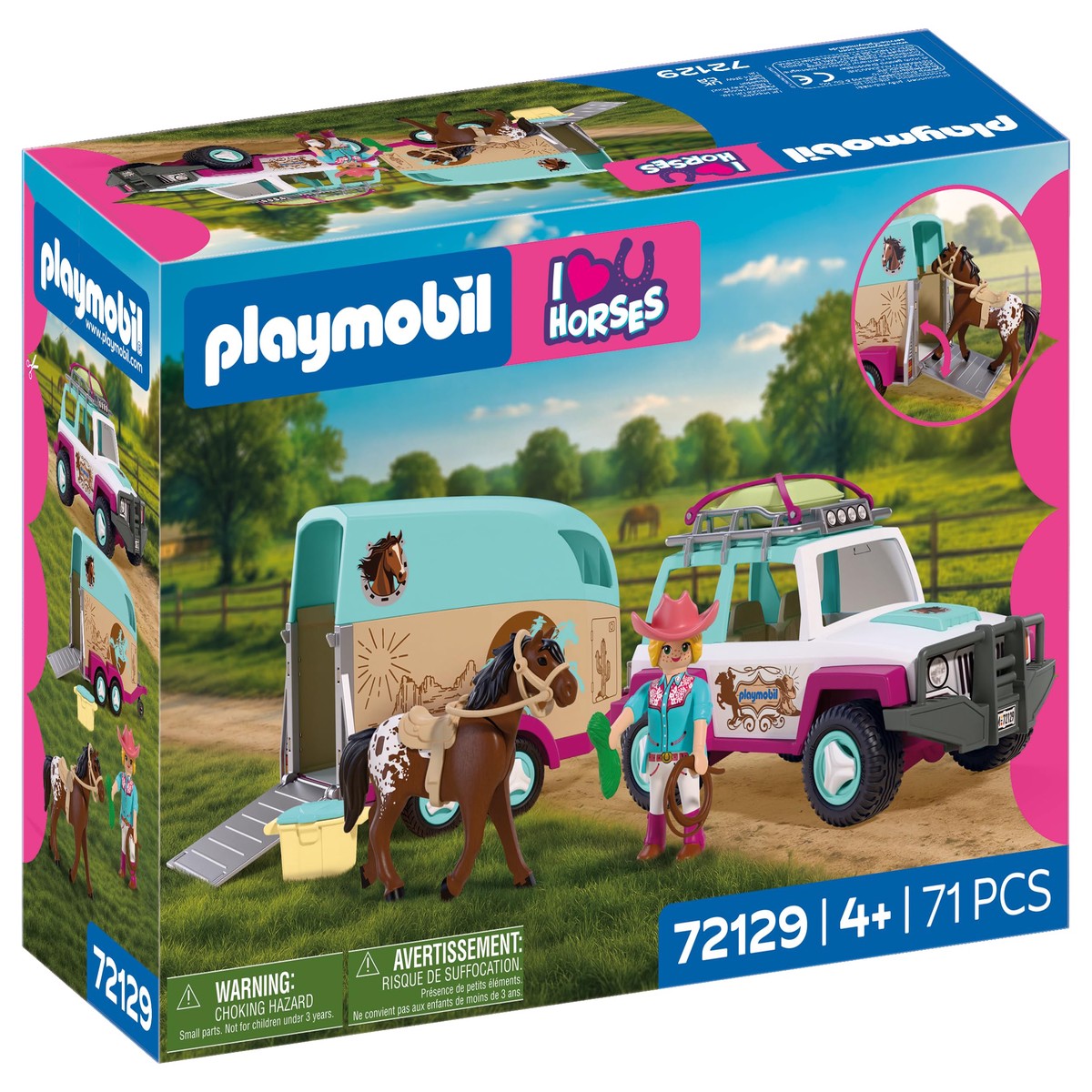 PLAYMOBIL I Love Horses 72129 Terreinwagen met paardenaanhanger, transportset met Amazon, paard, accessoires en mobiele helling, voor kinderen vanaf 4 jaar