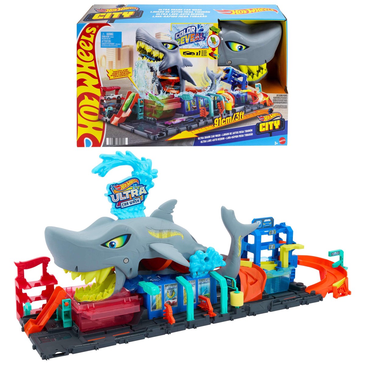 Hot Wheels City Ultra Shark wasstraat met Color Reveal-auto